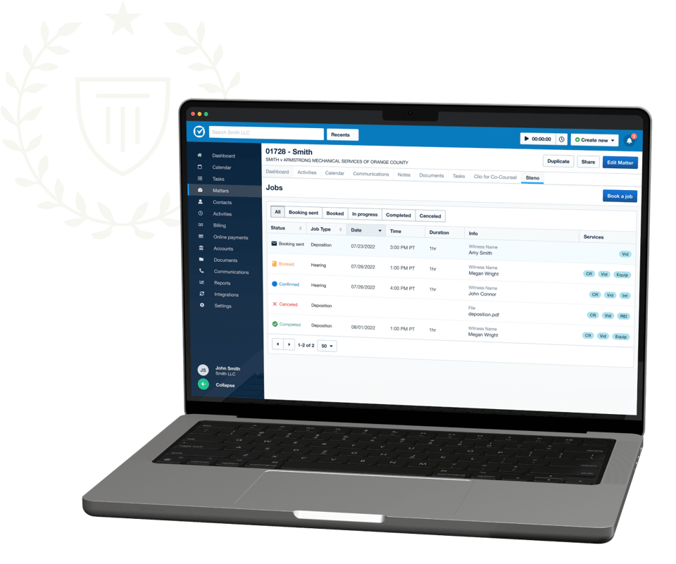 Steno's Clio Integration Easily book court reporting services